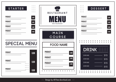 restaurant menu template black white flat simple design