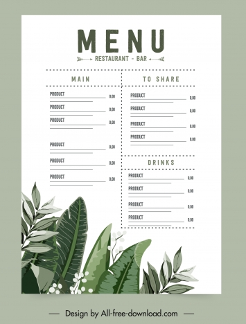 restaurant menu template bright elegant classical leaves decor