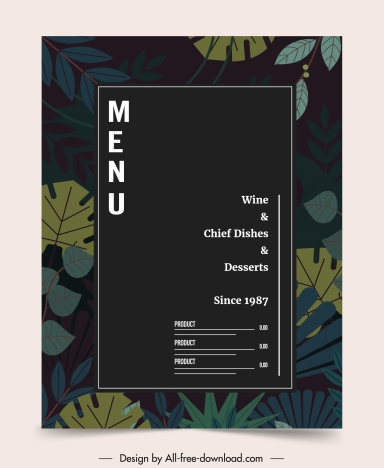 restaurant menu template elegant dark classic leaves decor