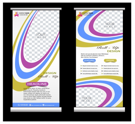 roll up banner design with colorful curved lines