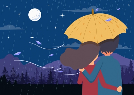 Romance drawing couple rain moonlight icons colored cartoon vectors stock  in format for free download 