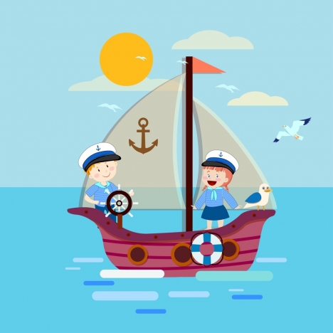 Sailor background children ship icons colored cartoon design vectors