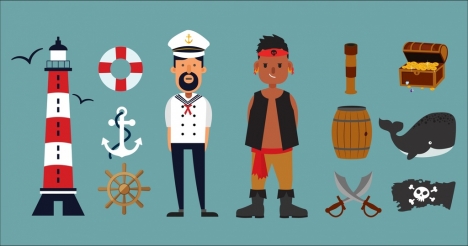 sailor pirate jobs design elements colored cartoon icons