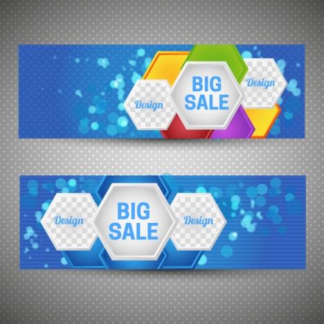 sale banner sets on bokeh hexagons background