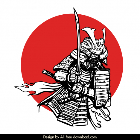 samurai icon flat black white handdrawn sketch circle sun decor
