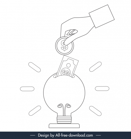 saving investment solution icon black white lightbulb money coin hand sketch