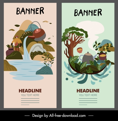 scenery banner templates classical handdrawn water pot sketch