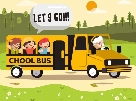 school time background bus children icons cartoon design