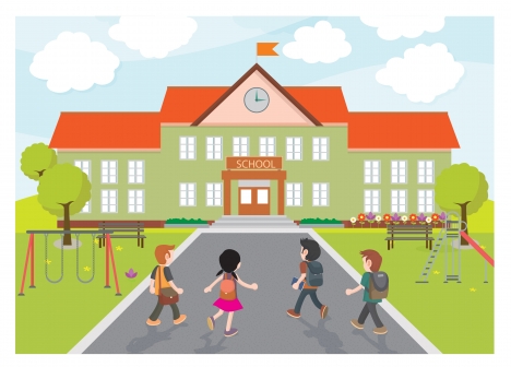 school vector illustration with kids coming to school