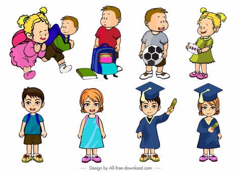 schoolchildren icons colored cartoon characters