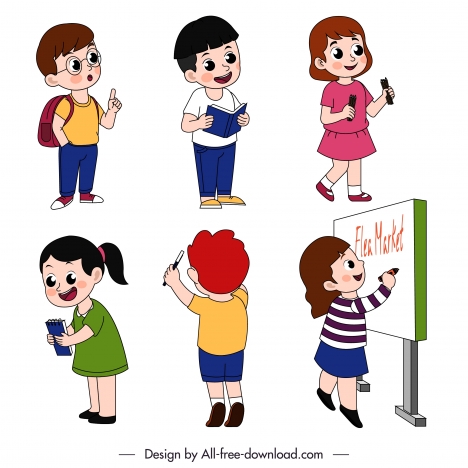 schoolchildren icons cute cartoon character sketch