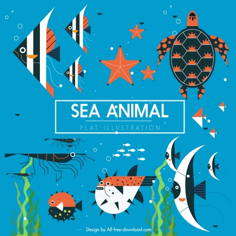Sea animals background colorful classic flat sketch vectors stock in format  for free download 
