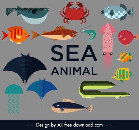 sea animals icons colored flat sketch