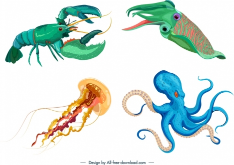 sea animals icons lobster squid jellyfish octopus sketch