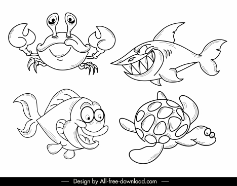 sea creatures icons funny sketch black white handdrawn
