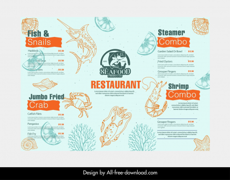 Sea food menu template flat handdrawn species vectors stock in format ...