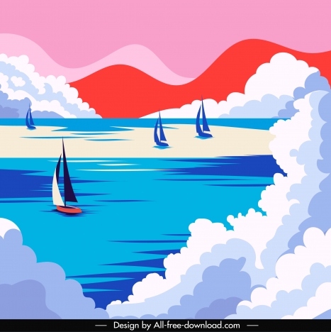 sea scene painting colorful classical boats clouds decor
