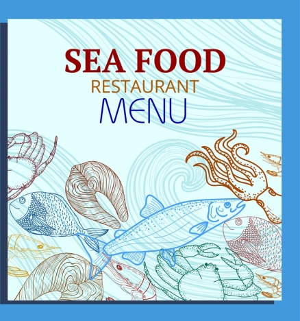 seafood menu cover template species icons handdrawn sketch