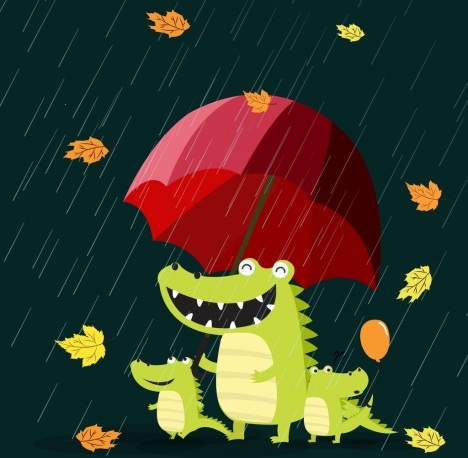 season background stylized green crocodiles umbrella rain icons