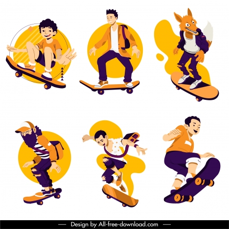 skateboard sports icons dynamic sketch cartoon characters