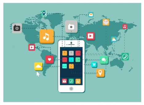 smartphone promotion with ui icons and continents illustration