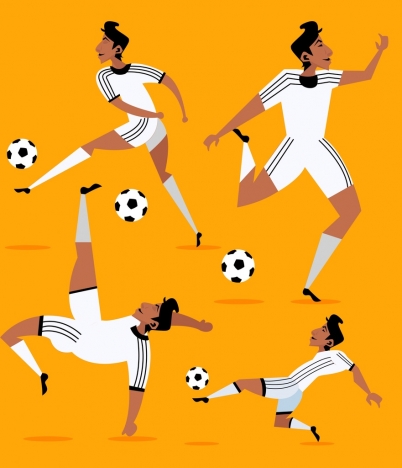 soccer player icons skillful gestures colored cartoon