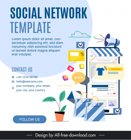 social network template flat commerce symbols