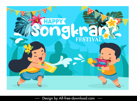 songkran festival poster template dynamic joyful children cartoon