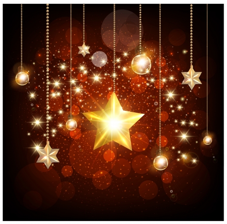 sparkling golden stars and baubles on bokeh background