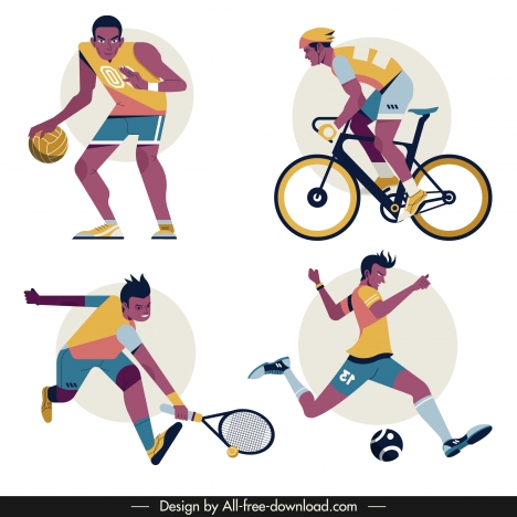 Sports icons dynamic men sketch cartoon characters vectors stock in format  for free download 