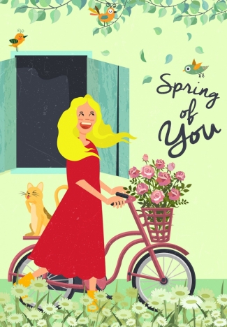 spring drawing lady cat flowers bicycle colored cartoon