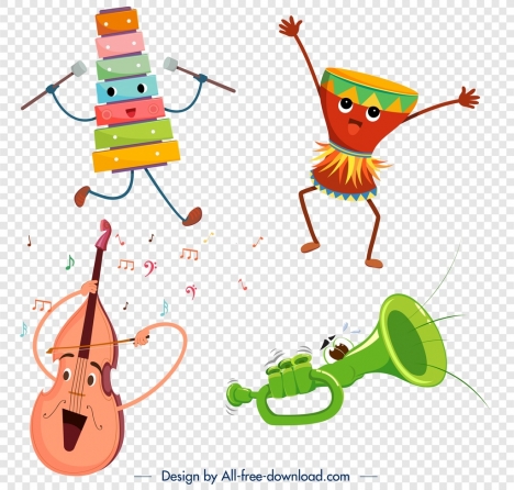 stylized instrument icons violin drum lithophone trumpet design