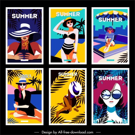 Summer banner lady beach fashion sketch cartoon characters vectors stock in  format for free download 