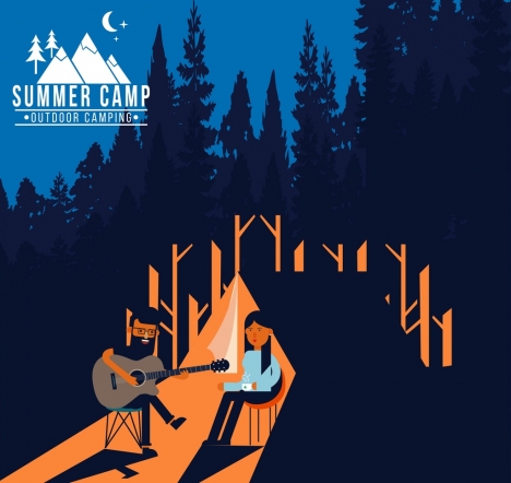 summer camp poster people playing guitar forest backdrop