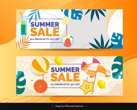 summer discount banner template leaves cocktail sea elements