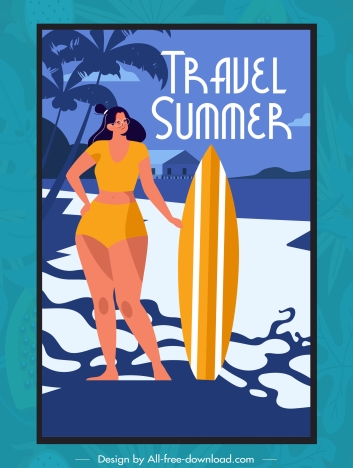 summer travel banner bikini lady surfboard sketch