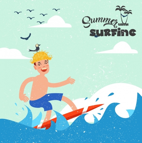 summer vacation banner boy surfing icons colored cartoon