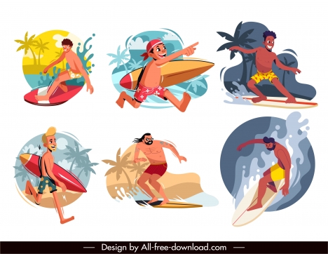 surfer icons collection colored cartoon dynamic sketch