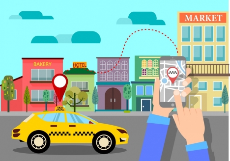 taxi convenience concept smartphone car road icons