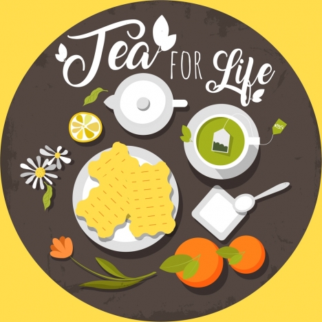 tea advertising fruit cup pot icons circle layout
