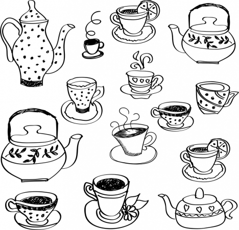 tea cup pot icons black white handdrawn sketch
