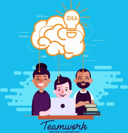 team work concept banner staffs lightbulb cloud icons