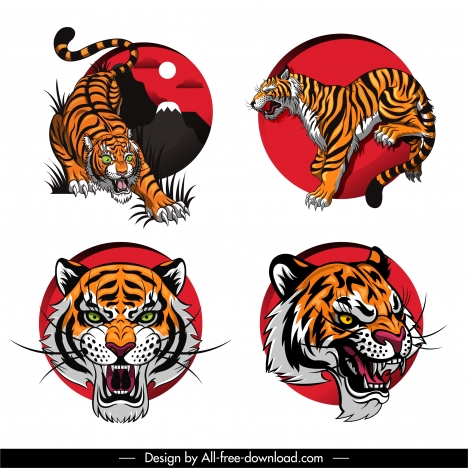 tiger icons fierce emotion sketch colorful design