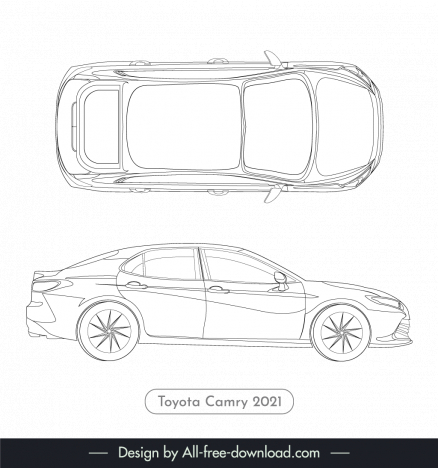 toyota camry 2021 lineart template black white handdrawn flat top view side view outline