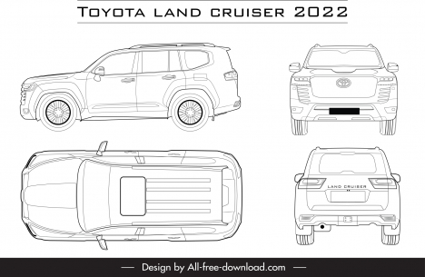 toyota land cruiser 2022 car models icon flat black white different views outline