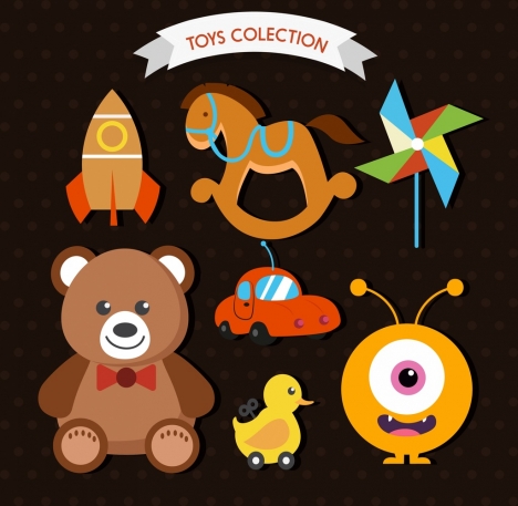 toys icons collection various colored flat symbols isolation