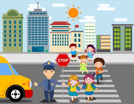 vector illustration of a schoolchildren crossing the road with the