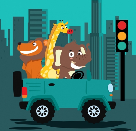traffic drawing stylized animal car icons blue decor