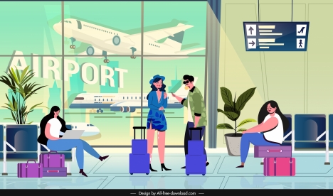 Travel background tourists airport hall sketch cartoon design vectors stock  in format for free download 
