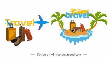 travel icons airplane luggage island sketch colorful design